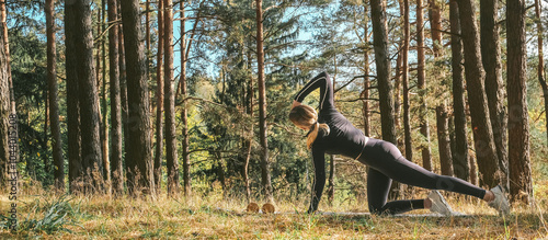 Workout. Fitness, outdoor workout in nature. Fitness, motivation for working the gym, health improvement. Woman doing sports outdoors,wellness, Health, nature, fitness, eco-fitness. mental health. photo