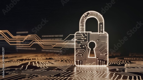 Abstract futuristic illustration of a digital padlock with circuit board patterns, glowing lines, and data flow, symbolizing cybersecurity, encryption, and protection of information. photo