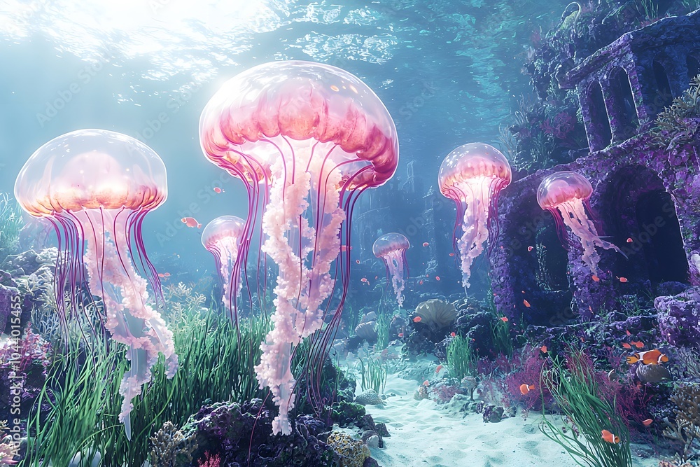 Fototapeta premium Vibrant jellyfish swim amidst ancient underwater ruins