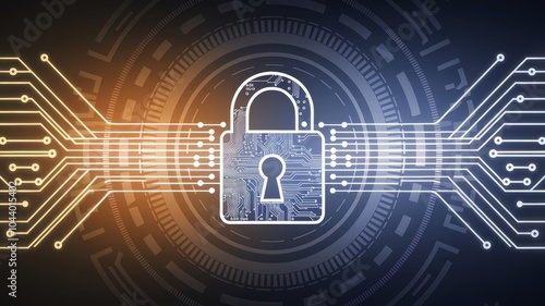 Abstract futuristic illustration of a digital padlock with circuit board patterns, glowing lines, and data flow, symbolizing cybersecurity, encryption, and protection of information. photo