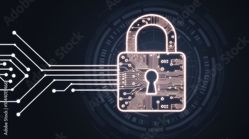 Abstract futuristic illustration of a digital padlock with circuit board patterns, glowing lines, and data flow, symbolizing cybersecurity, encryption, and protection of information. photo