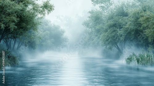 Morning mist covers a calm river while trees along the banks enhance its serenity