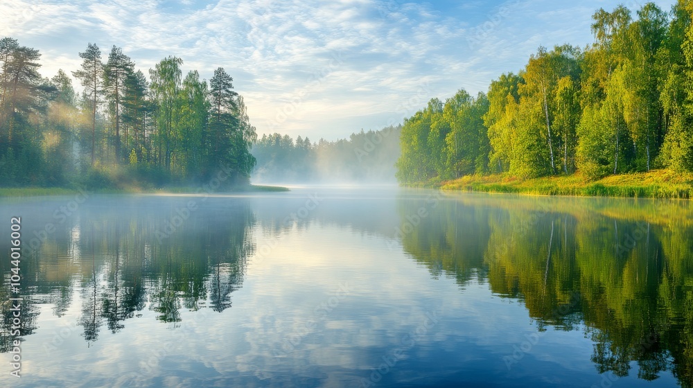 Fototapeta premium A tranquil river enveloped in soft morning mist with vibrant trees along the banks