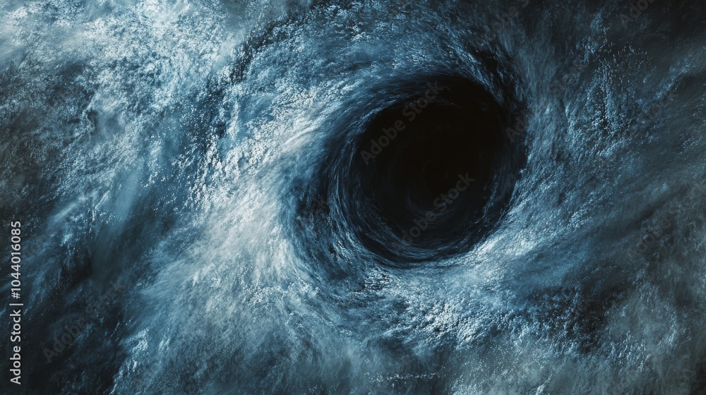 The powerful eye of a hurricane reveals its dark core amidst turbulent ocean waters The powerful eye of a hurricane reveals its dark core amidst turbulent ocean waters