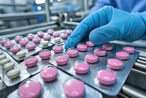 A technician in blue gloves inspects pink and white tablets on a production line in a pharmaceutical facility during quality control photo