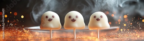 Three small white chocolate praline truffles in the shape of cute ghost faces on sticks photo