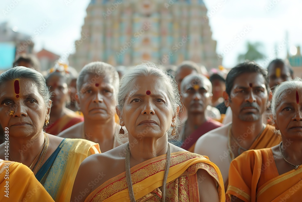 Obraz premium Devotees of Tamil descent participate in a vibrant cultural festival in front of a temple, expressing devotion and unity during the celebration