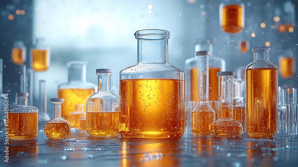 A collection of glass beakers and flasks filled with amber liquid, against a blue and white background. A collection of glass beakers and flasks filled with amber liquid, against a blue and white background.
