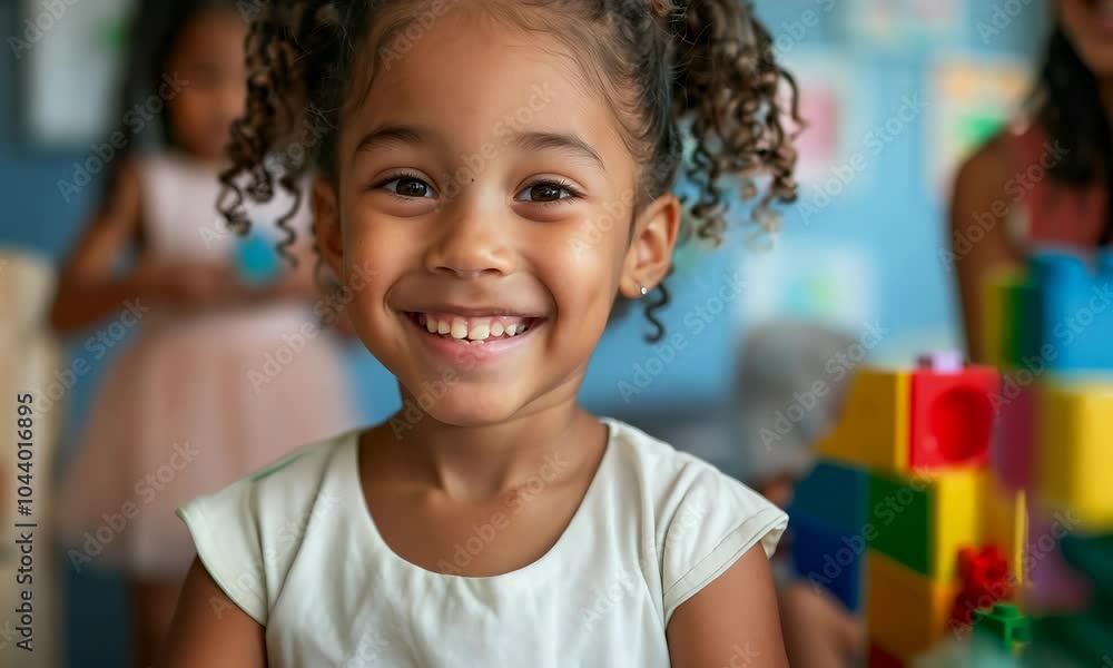 A girl joyfully building colorful blocks with friends in a cheerful playroom setting A girl joyfully building colorful blocks with friends in a cheerful playroom setting