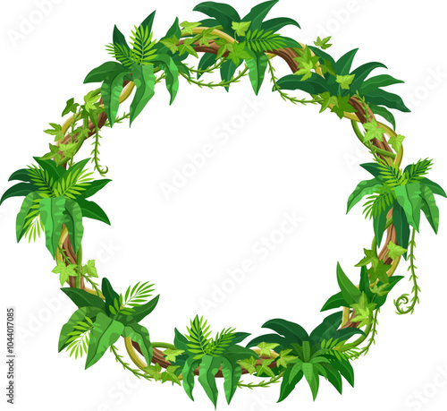 Tropical jungle circle frame composed of lush green leaves and twisting liana branches offering a sense of exotic vegetation. Cartoon vector round rainforest border, photo frame or game menu template