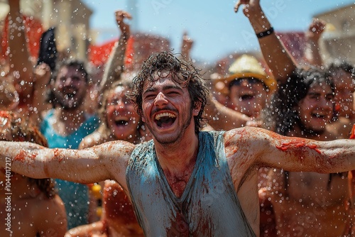 Participants covered in tomato pulp enjoy the lively festivities of La Tomatina in Buñol, Spain, celebrating this famous food fight tradition photo