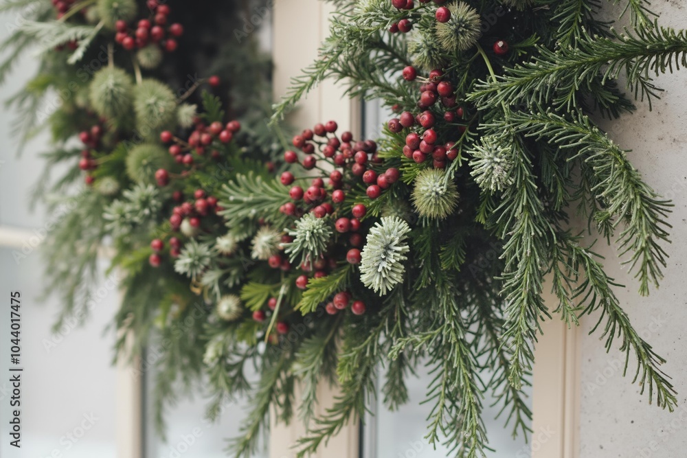 Festive winter holiday wreath with pine cones and red berries for seasonal decoration. Festive winter holiday wreath with pine cones and red berries for seasonal decoration.