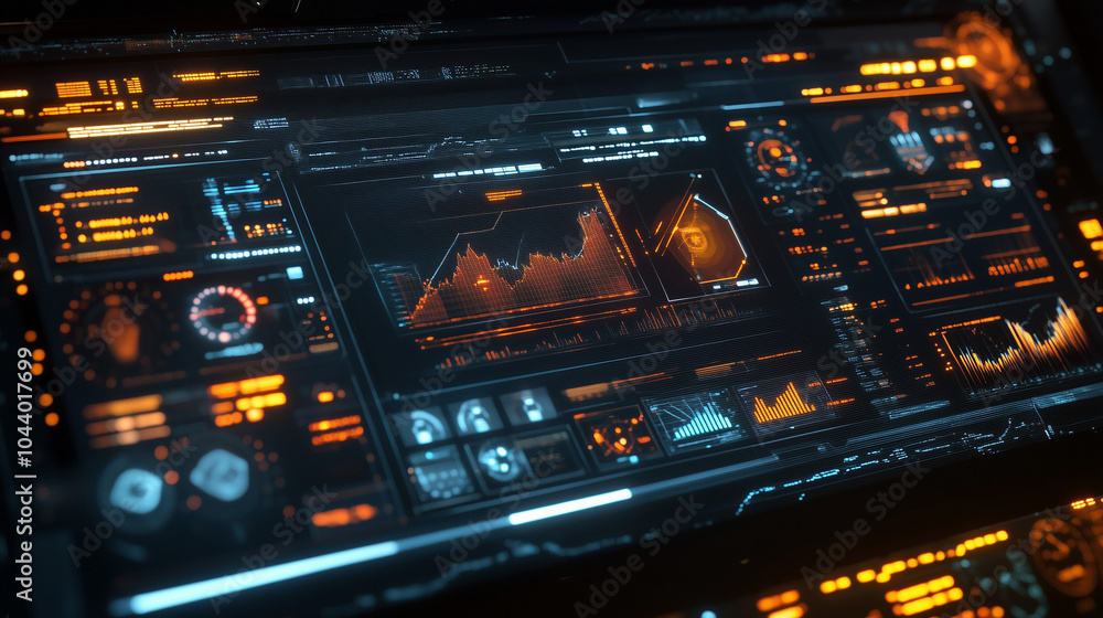 Fototapeta premium Futuristic Digital Interface Modern Data Screen with Global Indicators, Data Streams, and Complex Forecasting Models