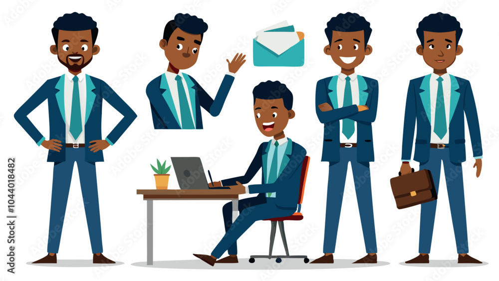 African business young man in suit. Different poses set. Various gestures male character standing and sitting at the desk isolated vector illustration African business young man in suit. Different poses set. Various gestures male character standing and sitting at the desk isolated vector illustration