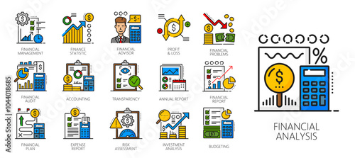 Color financial analysis, accounting, tax revenue and budget line icons set of vector finance, business and investment. Financial analysis statements, money, balance sheet, audit report outline signs