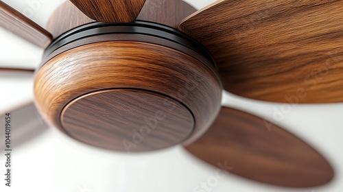 Close-up of a wooden ceiling fan with five blades. photo