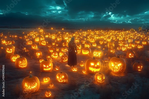 Woman wanders through glowing pumpkin field on a spooky Halloween night. photo