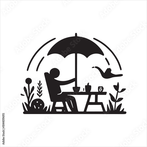 Sitting under the umbrella with bird vector silhouette for a relaxing outdoor cafe scene