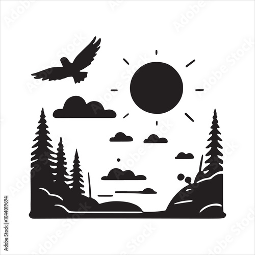 sSunset over mountain landscape silhouette vector with birds flying and serene forest view