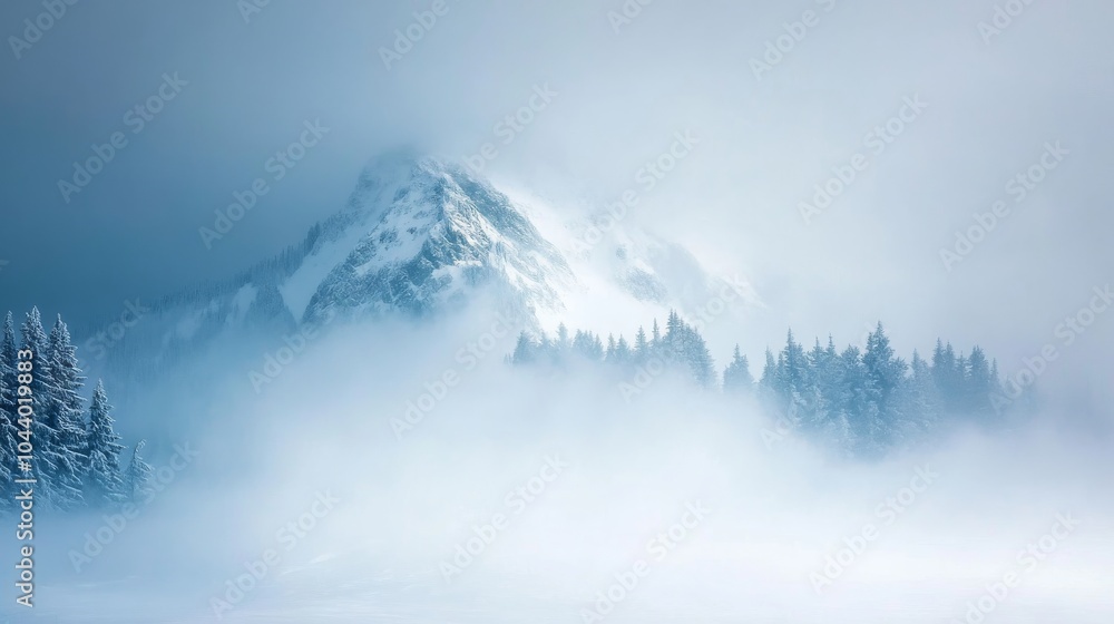 Obraz premium A tranquil mountain landscape shrouded in a heavy blizzard with snow blanketing the trees