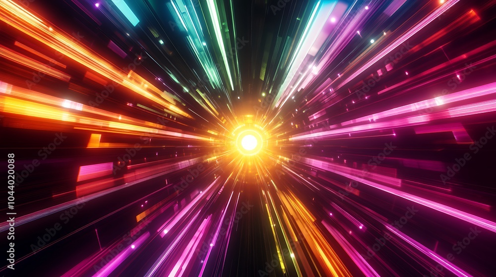 Radiating Neon Light Burst, futuristic flashes, Motion lights, Colorful Streaks on Dark Background Radiating Neon Light Burst, futuristic flashes, Motion lights, Colorful Streaks on Dark Background