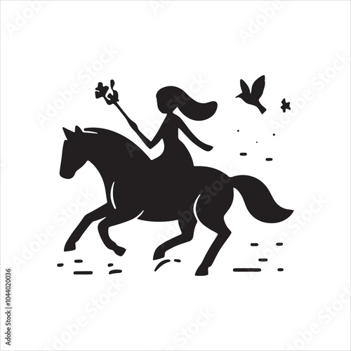 Equestrian woman riding horse in open field silhouette vector with birds and nature