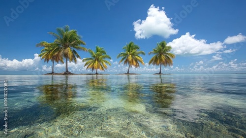 Four palm trees stand on a small island in the middle of a calm, blue ocean. The water is crystal clear, and the sky is a bright blue with white clouds.