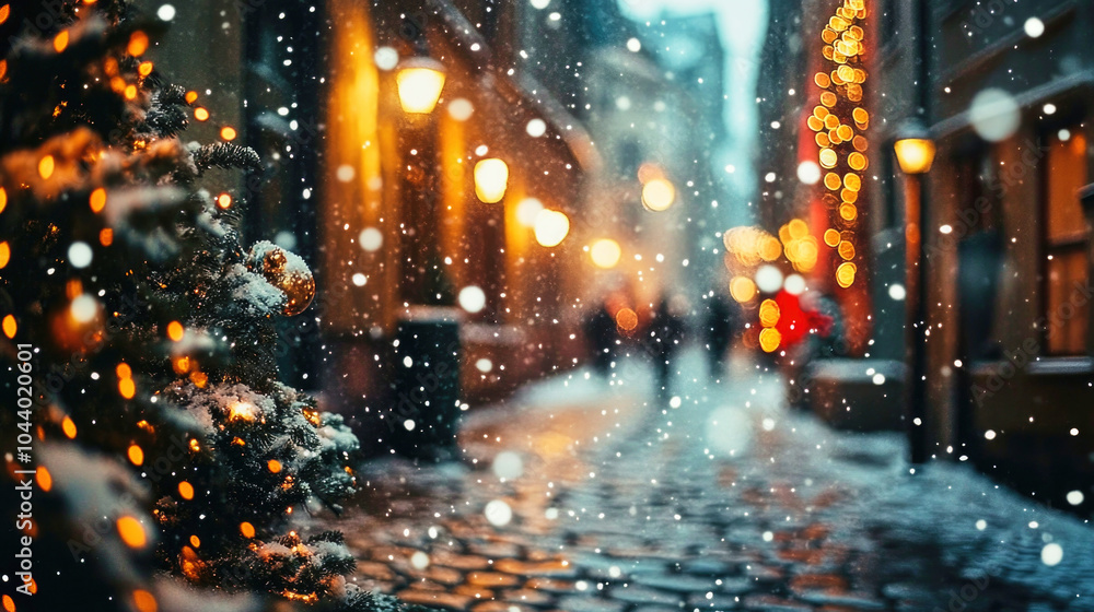 Fototapeta premium Snow blankets cobblestone streets in a charming village during Christmas night with soft lights glowing softly