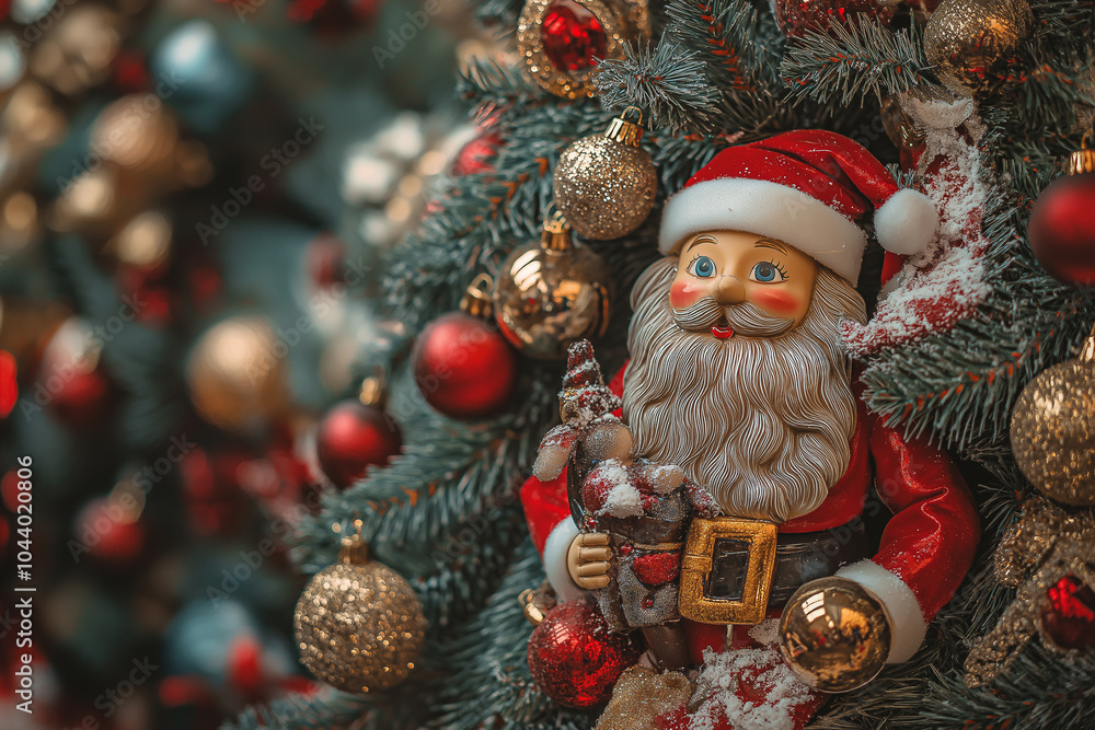 Obraz premium Festive decorations with Santa figurine adorning a beautifully adorned Christmas tree. Generative AI