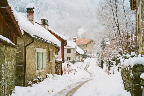 A quaint village awakens to a snowy morning with smoke rising from cozy chimneys along a quiet street photo