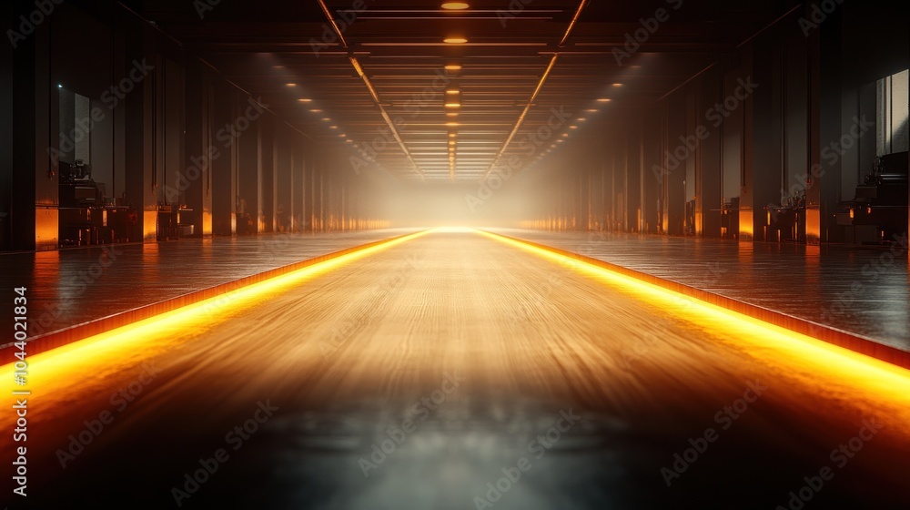 Futuristic hallway with glowing orange lines and a wooden floor. Futuristic hallway with glowing orange lines and a wooden floor.