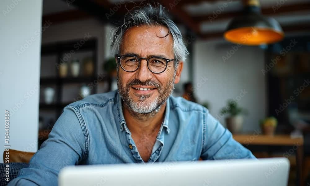 Mature man working remotely on laptop in cozy home office video animation. Glasses male in casual denim shirt smiles animated footage HD clip seamless motion graphics. Freelancer concept Mature man working remotely on laptop in cozy home office video animation. Glasses male in casual denim shirt smiles animated footage HD clip seamless motion graphics. Freelancer concept