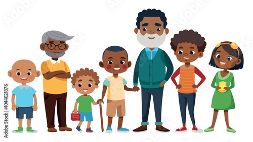 African man of different life stages cartoon characters. Baby, child, teenager, adult, mature and old persons vector illustration isolated