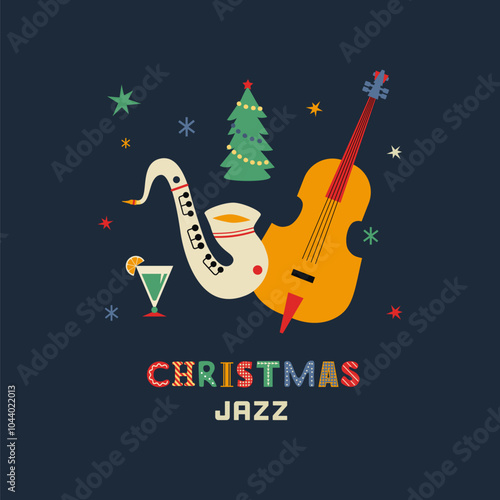 Christmas holiday Jazz fancy vector icon. Saxophone, violoncello, cartoon design element. Jazz music club x-mas holidays invitation template. Christmas party live music event background illustration