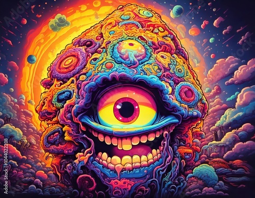 psychedelic cartoon monster cyclops creature one eyed smiling colorful trippy graffiti character