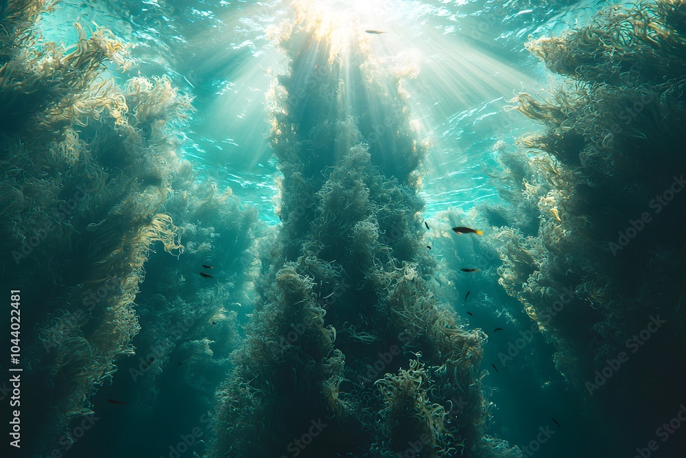 Sunlit underwater forest of algae with rays creating ethereal effect Sunlit underwater forest of algae with rays creating ethereal effect