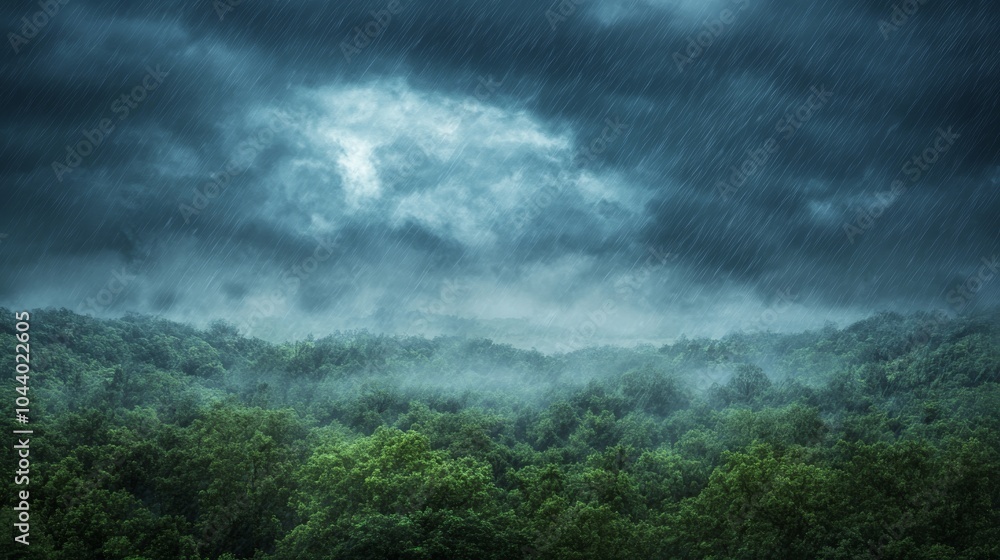 Obraz premium A dense forest appears through mist while heavy rain creates an enchanting scene