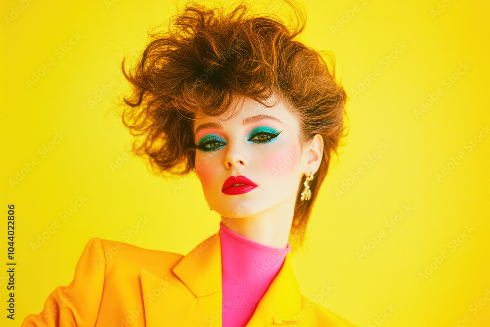 A 1980s female model flaunting big hair and vibrant makeup in a bright power suit against a sunny yellow backdrop A 1980s female model flaunting big hair and vibrant makeup in a bright power suit against a sunny yellow backdrop