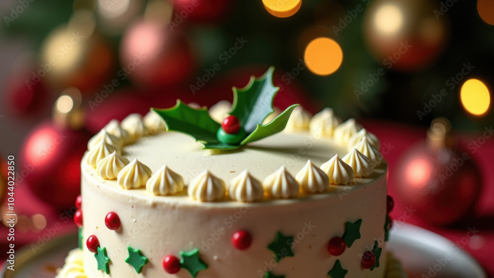 Delicious Christmas cake featuring holly decorations and intricate frosting details. A festive treat for holiday parties. Delicious Christmas cake featuring holly decorations and intricate frosting details. A festive treat for holiday parties.