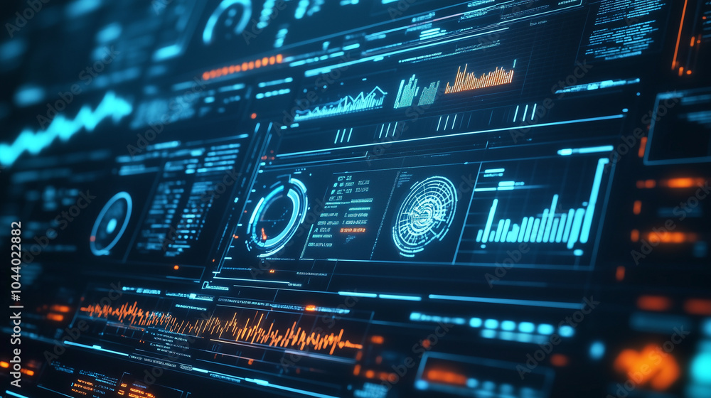 Obraz premium Futuristic Digital Interface Modern Data Screen with Global Indicators, Data Streams, and Complex Forecasting Models