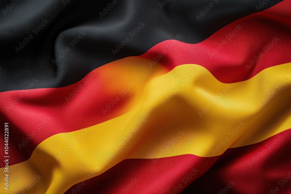 The German flag displays its iconic black, red, and yellow colors in a sleek and minimalist style. The fabrics folds create a dynamic look, showcasing Germanys national identity beautifully. The German flag displays its iconic black, red, and yellow colors in a sleek and minimalist style. The fabrics folds create a dynamic look, showcasing Germanys national identity beautifully.