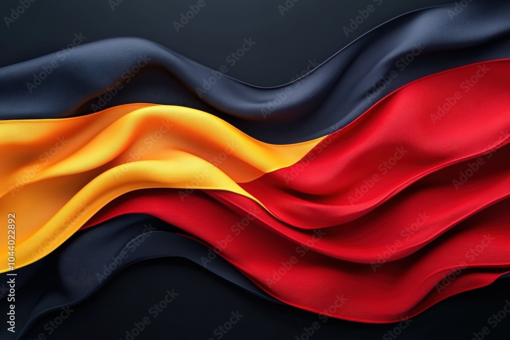 Naklejka premium This display showcases the flowing colors of the German flag, with bold black, red, and yellow fabric elegantly draped against a dark surface, creating a striking contrast that catches the eye.