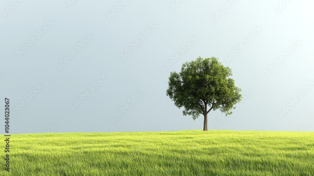 Obraz premium A dramatic lightning bolt descends upon a lone tree standing in a vibrant green field