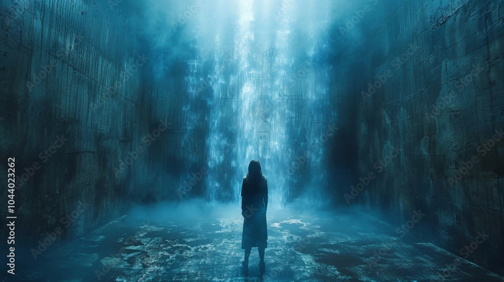 Obraz premium The image is bathed in a cold blue light conveying a sense of isolation and detachment further reinforcing the theme of being ped behind an imtrable wall.