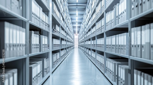 A long aisle of shelves with file folders in a storage room.