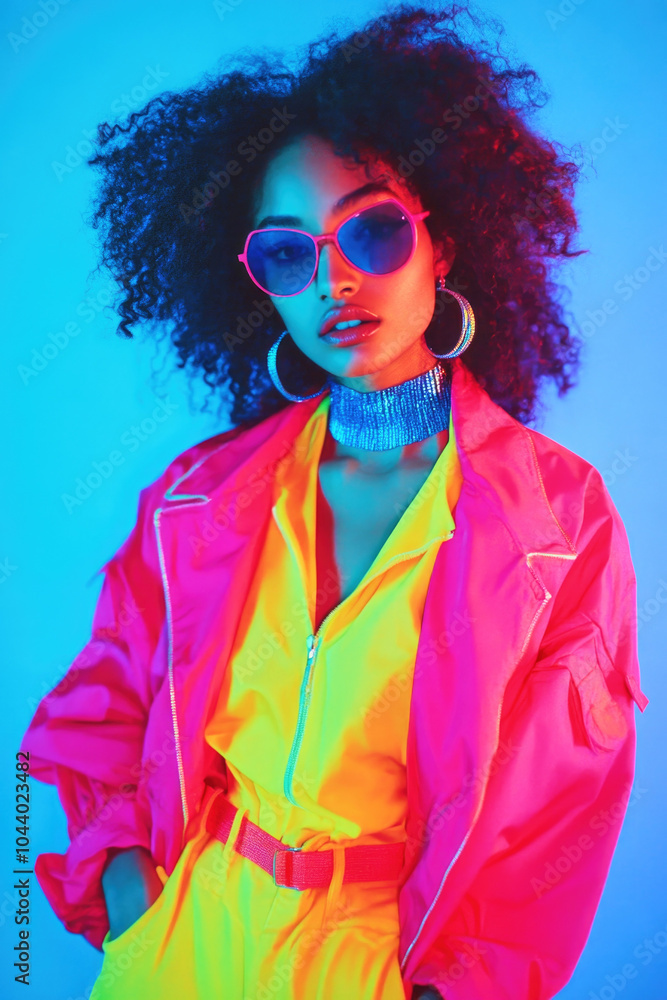 Vibrant portrait of a woman in bright 80s fashion with neon colors captured on 35mm film Vibrant portrait of a woman in bright 80s fashion with neon colors captured on 35mm film