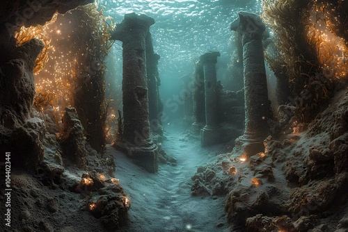 Mystical underwater ruins with ancient columns and enchanting marine life photo