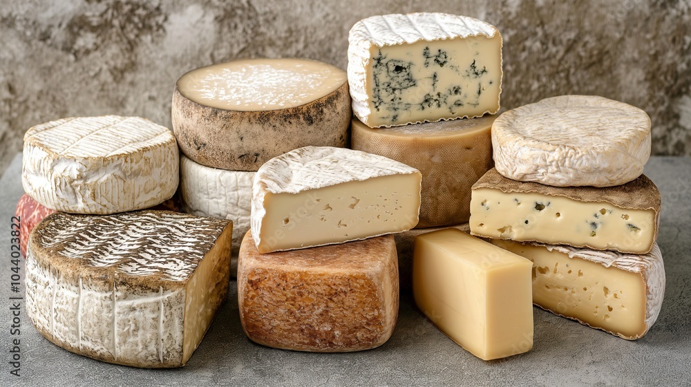 Assorted artisan cheeses on rustic stone surface for culinary display and design Assorted artisan cheeses on rustic stone surface for culinary display and design