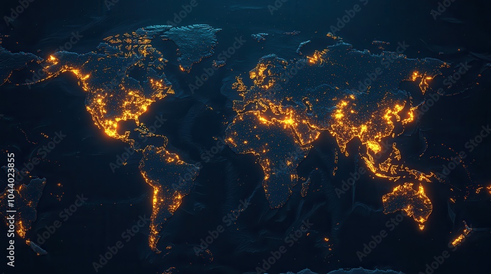 A glowing map of the world showcasing vibrant city lights against a dark backdrop, highlighting urban areas and their connectivity. A glowing map of the world showcasing vibrant city lights against a dark backdrop, highlighting urban areas and their connectivity.