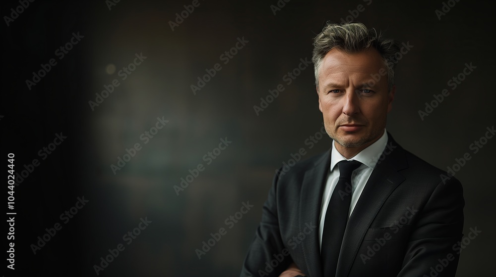 Confident businessman in formal suit with crossed arms in low light setting Confident businessman in formal suit with crossed arms in low light setting
